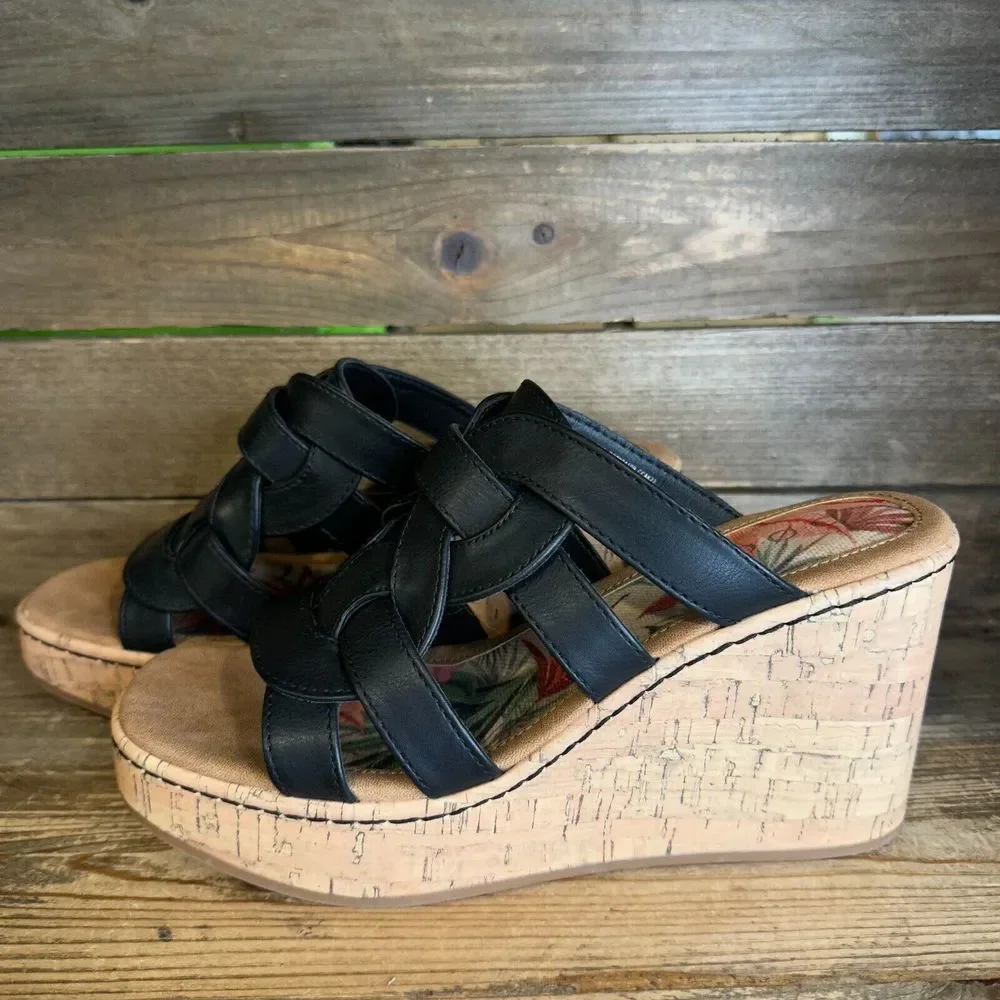 New NWOB Womens BOC‎ Born Cora Black Braided Wedges Slides Sandals Size 9 M